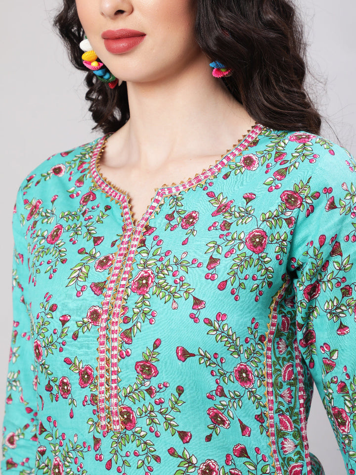 Rayon Printed Calf Length Straight 3/4 Sleeve Round Neck Kurta, Pants With Dupatta Set
