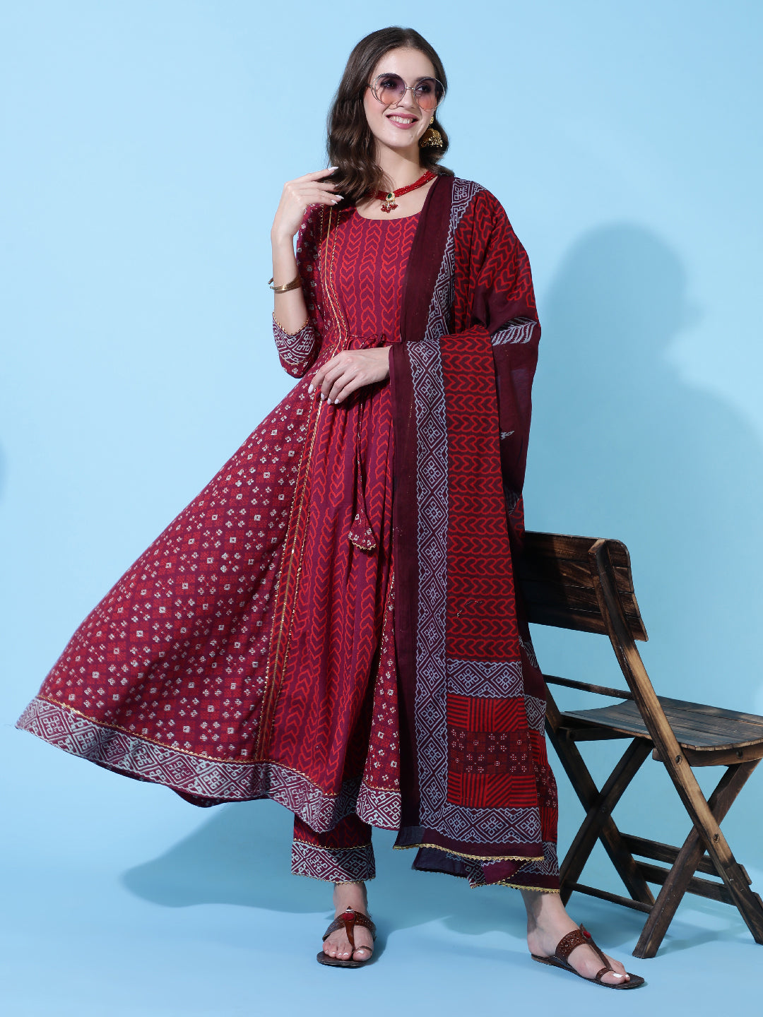 Rayon Printed Ankle Length Flared 3/4 Sleeve Round Neck Kurta, Pants With Dupatta Set