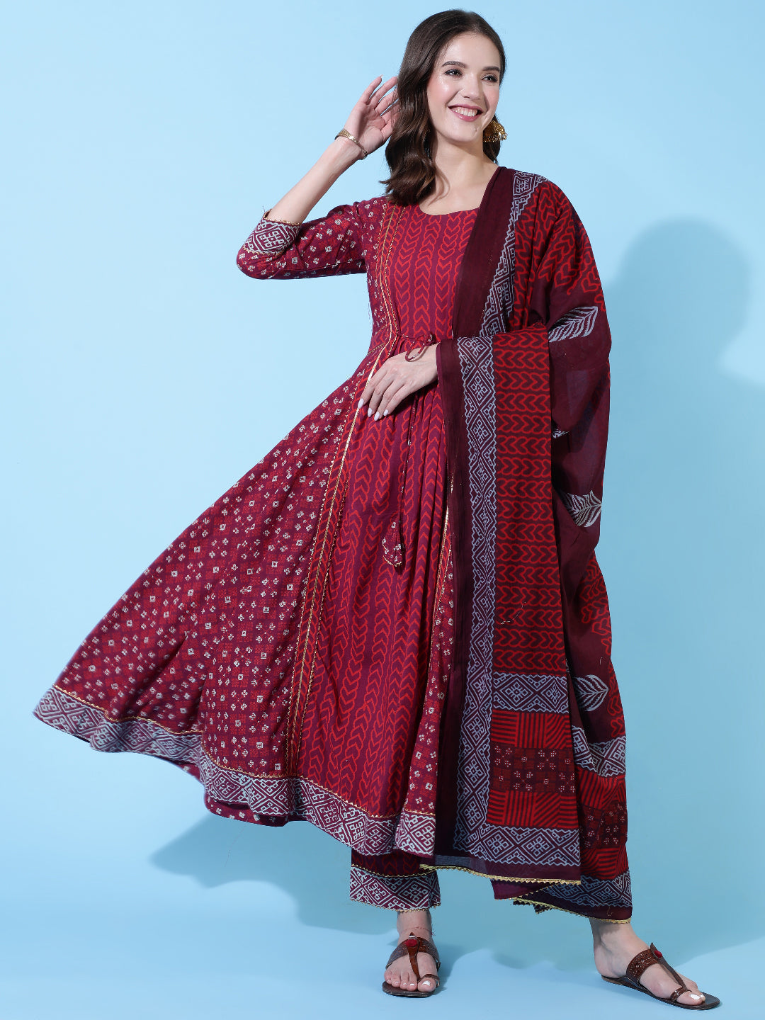 Rayon Printed Ankle Length Flared 3/4 Sleeve Round Neck Kurta, Pants With Dupatta Set