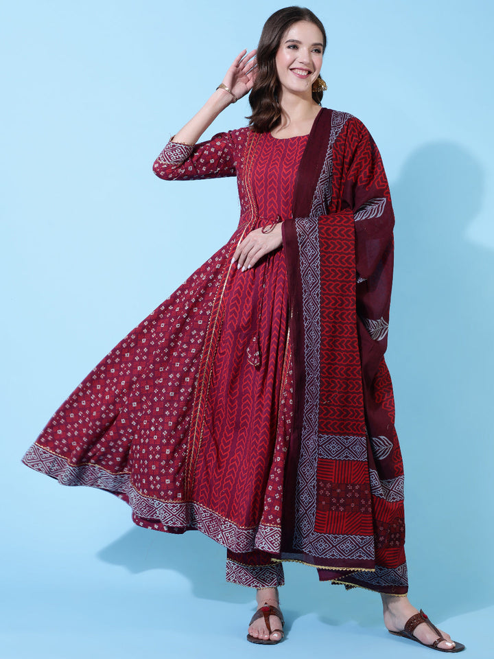 Rayon Printed Ankle Length Flared 3/4 Sleeve Round Neck Kurta, Pants With Dupatta Set