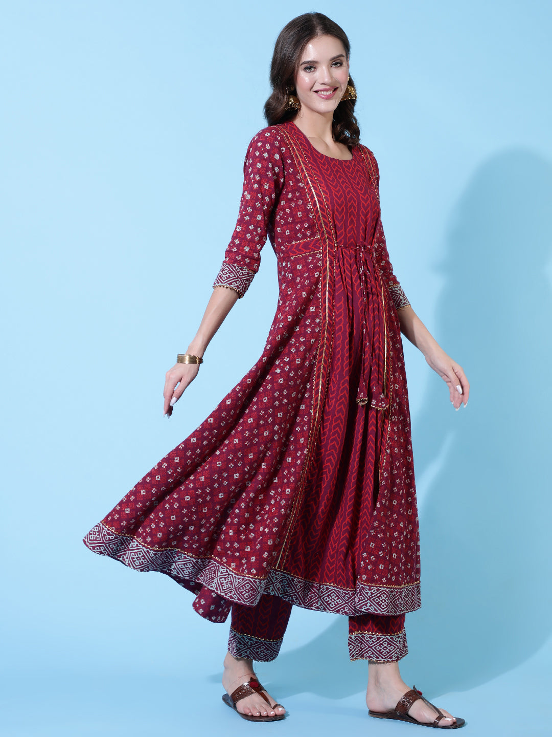 Rayon Printed Ankle Length Flared 3/4 Sleeve Round Neck Kurta, Pants With Dupatta Set
