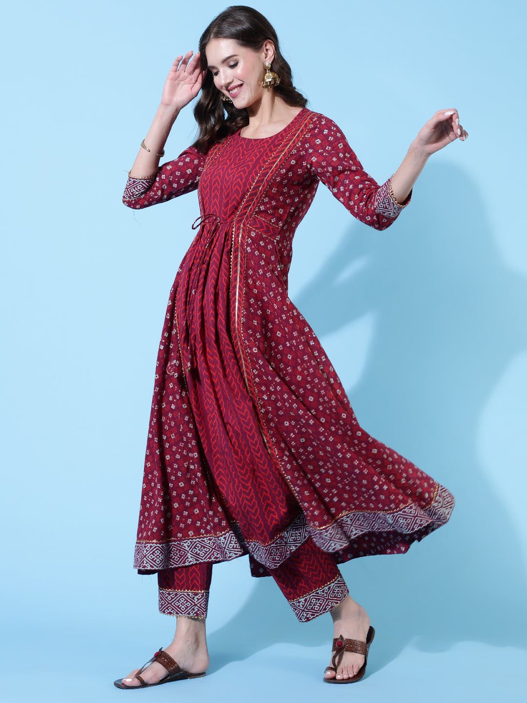 Rayon Printed Ankle Length Flared 3/4 Sleeve Round Neck Kurta, Pants With Dupatta Set