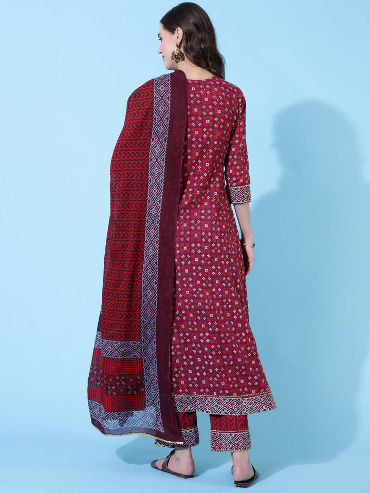 Rayon Printed Ankle Length Flared 3/4 Sleeve Round Neck Kurta, Pants With Dupatta Set