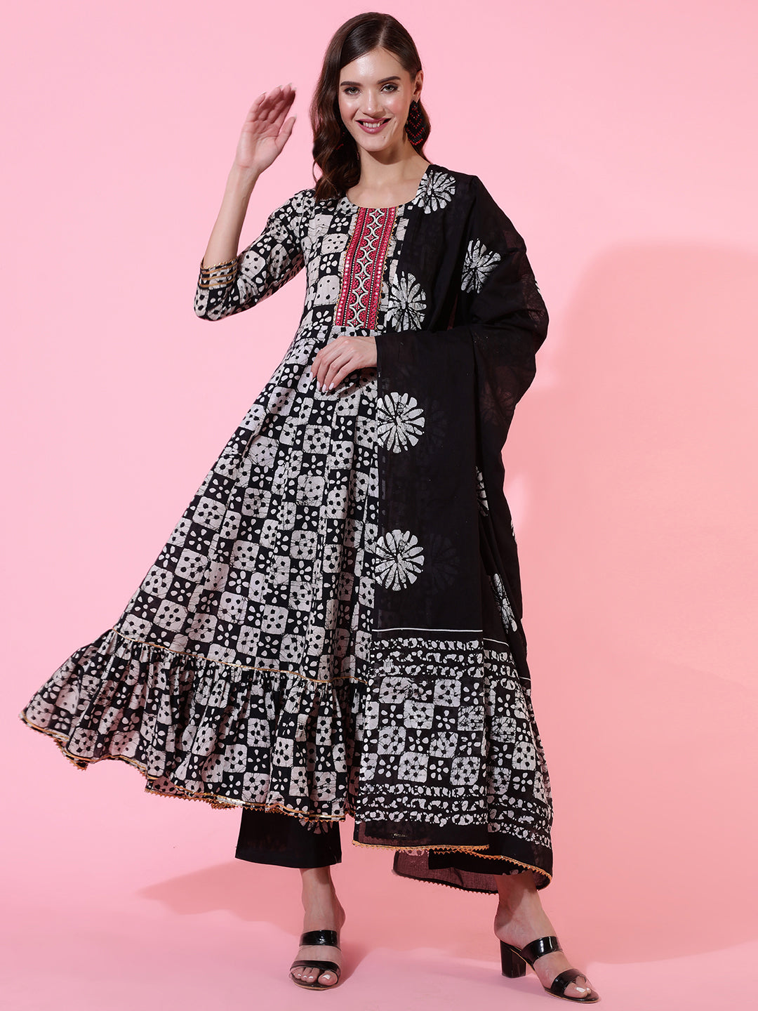 Rayon Printed Embroidered Ankle Length Flared 3/4 Sleeve Round Neck Kurta, Pants With Dupatta Set