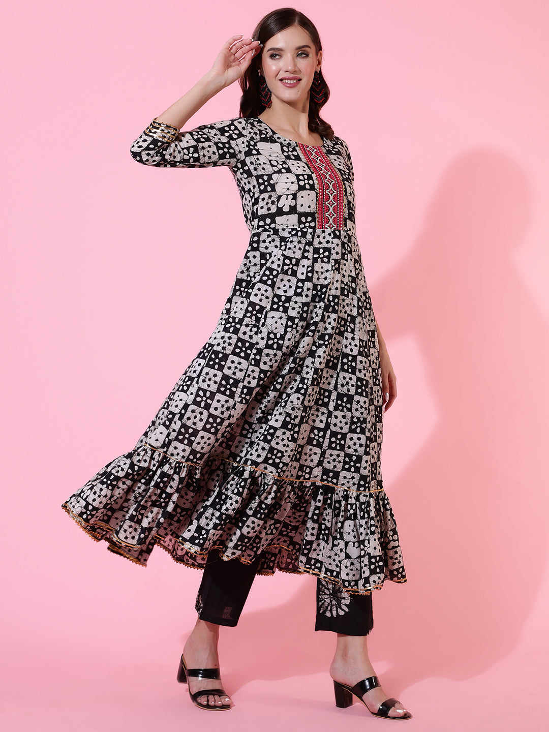 Rayon Printed Embroidered Ankle Length Flared 3/4 Sleeve Round Neck Kurta, Pants With Dupatta Set