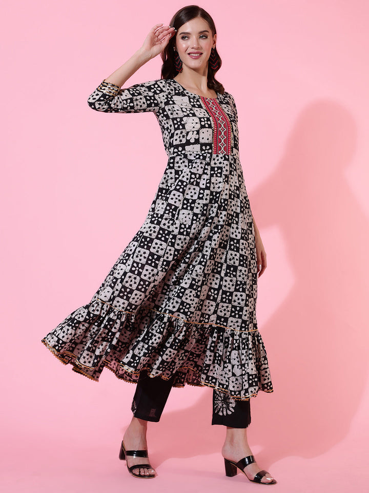 Rayon Printed Embroidered Ankle Length Flared 3/4 Sleeve Round Neck Kurta, Pants With Dupatta Set