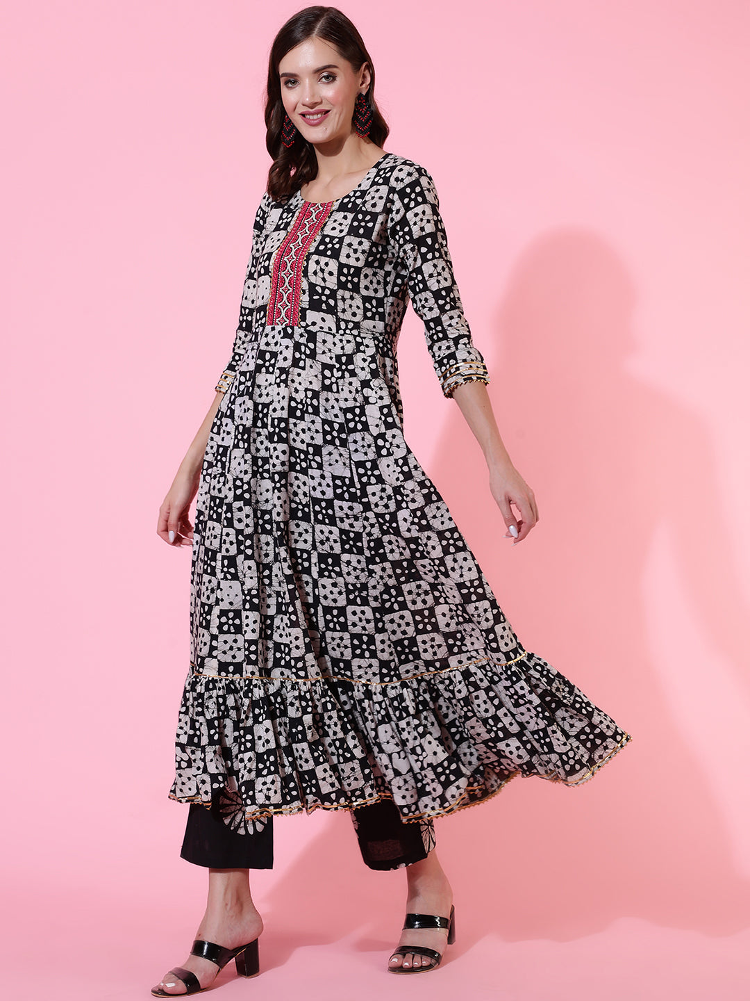 Rayon Printed Embroidered Ankle Length Flared 3/4 Sleeve Round Neck Kurta, Pants With Dupatta Set