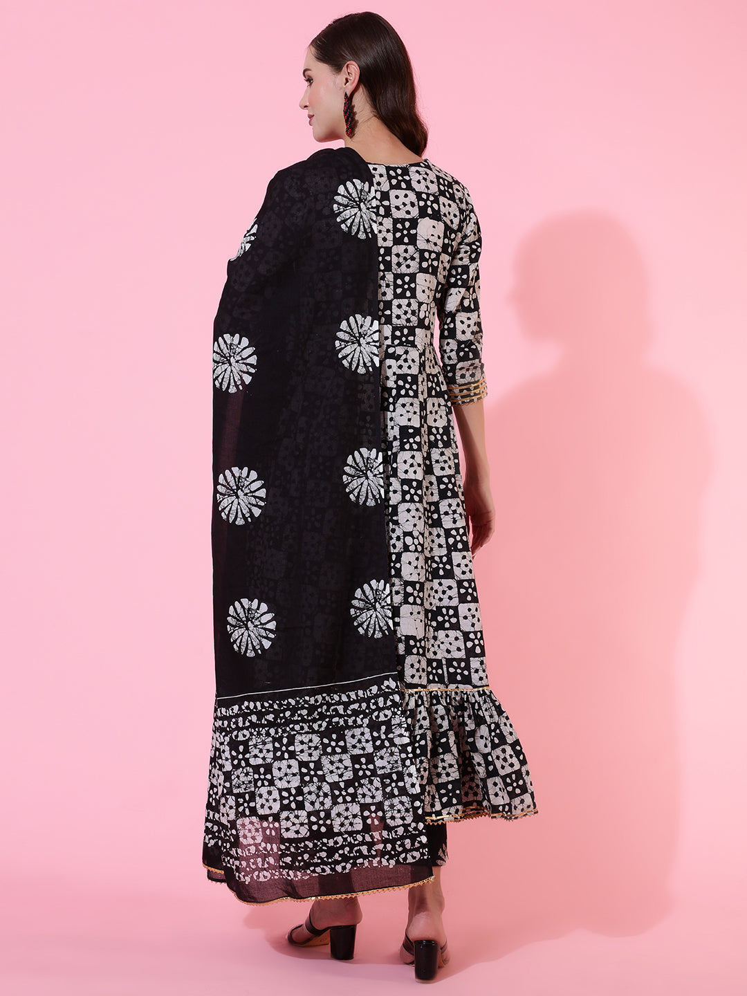 Rayon Printed Embroidered Ankle Length Flared 3/4 Sleeve Round Neck Kurta, Pants With Dupatta Set