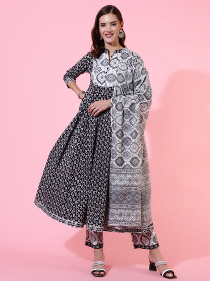 Rayon Printed Ankle Length Flared 3/4 Sleeve Round Neck Kurta, Pants With Dupatta Set