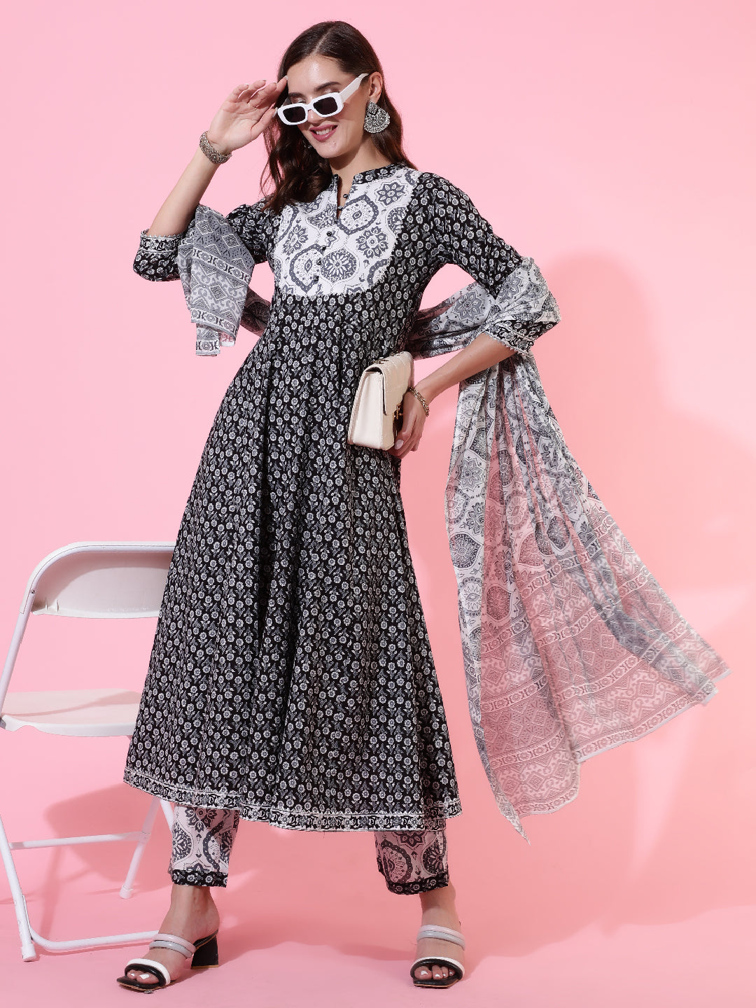 Rayon Printed Ankle Length Flared 3/4 Sleeve Round Neck Kurta, Pants With Dupatta Set