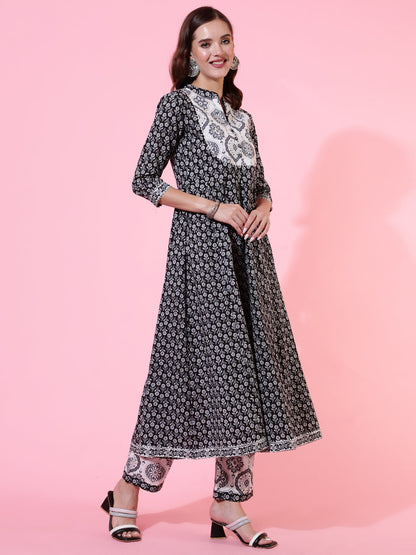 Rayon Printed Ankle Length Flared 3/4 Sleeve Round Neck Kurta, Pants With Dupatta Set