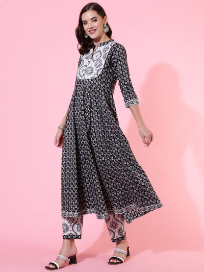 Rayon Printed Ankle Length Flared 3/4 Sleeve Round Neck Kurta, Pants With Dupatta Set