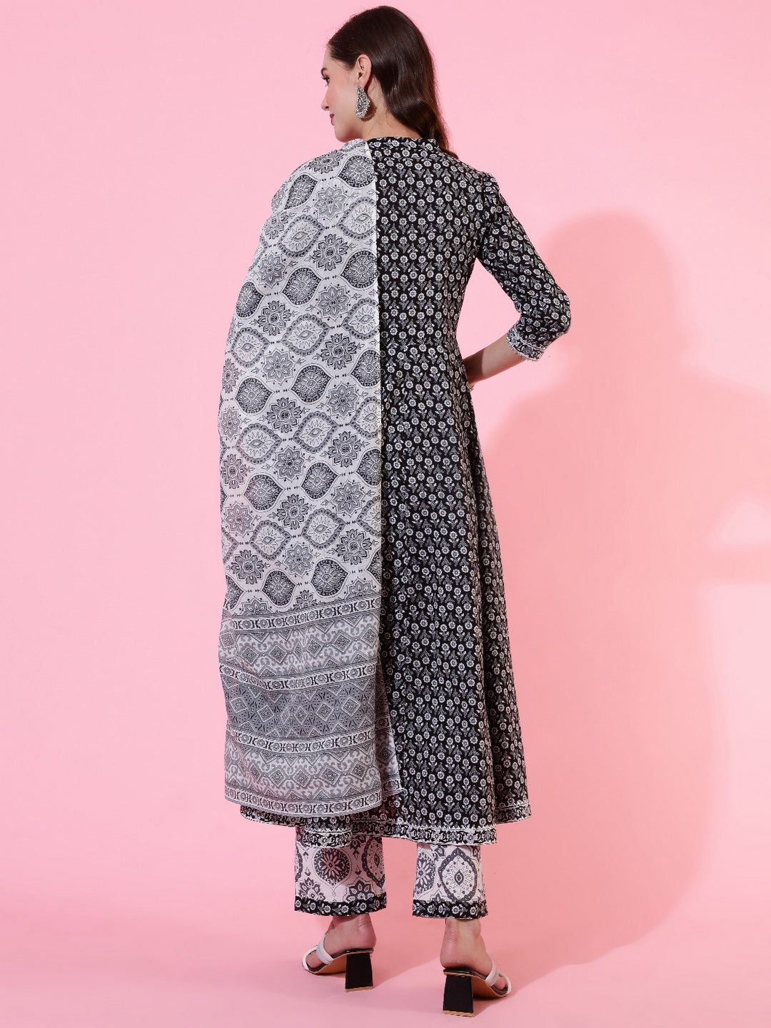 Rayon Printed Ankle Length Flared 3/4 Sleeve Round Neck Kurta, Pants With Dupatta Set