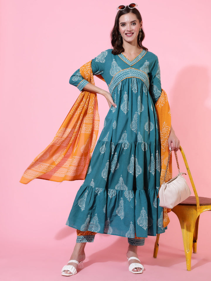 Cotton Printed Ankle Length Flared 3/4 Sleeve Round Neck Kurta, Pants With Dupatta Set