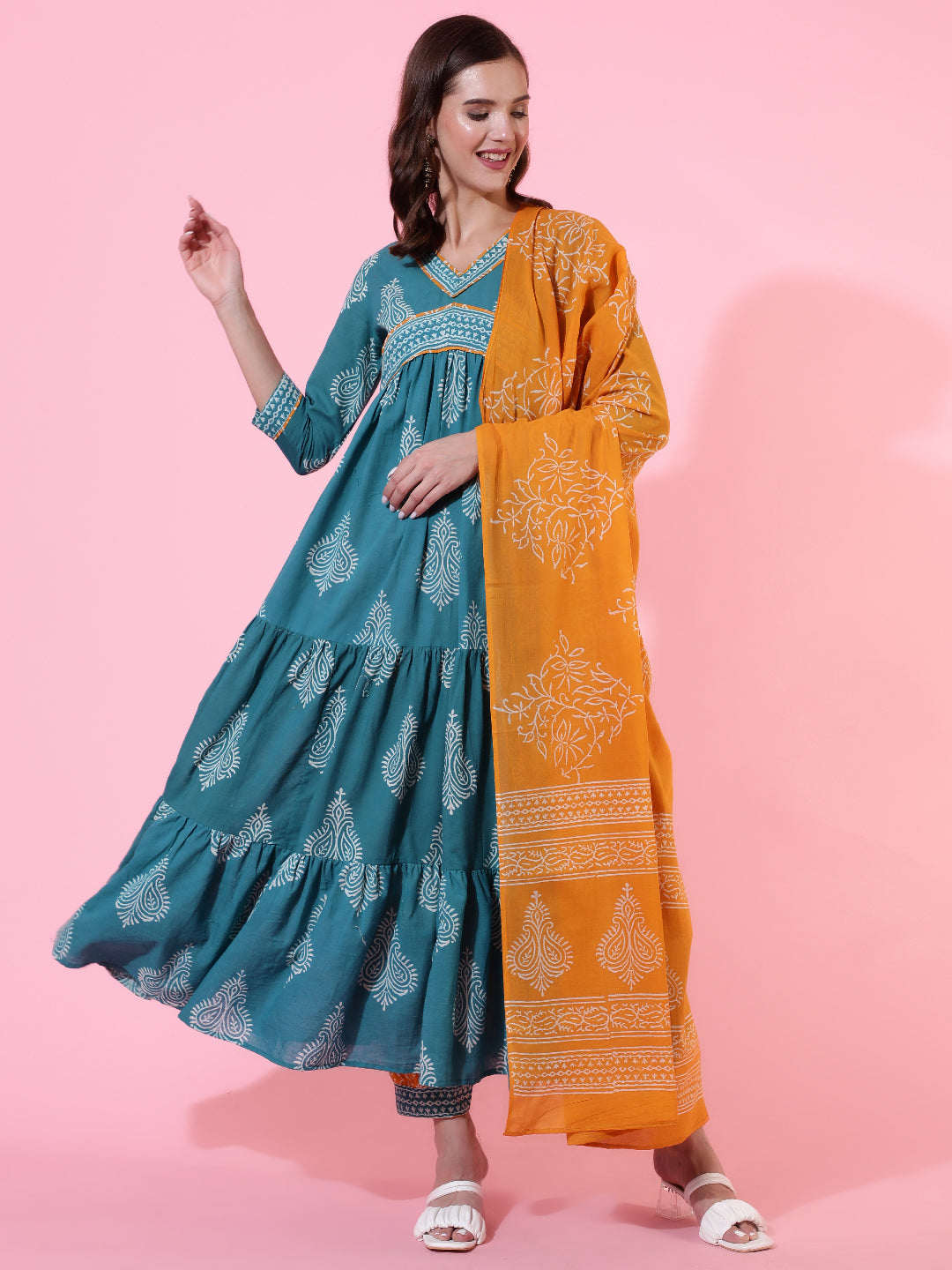 Cotton Printed Ankle Length Flared 3/4 Sleeve Round Neck Kurta, Pants With Dupatta Set