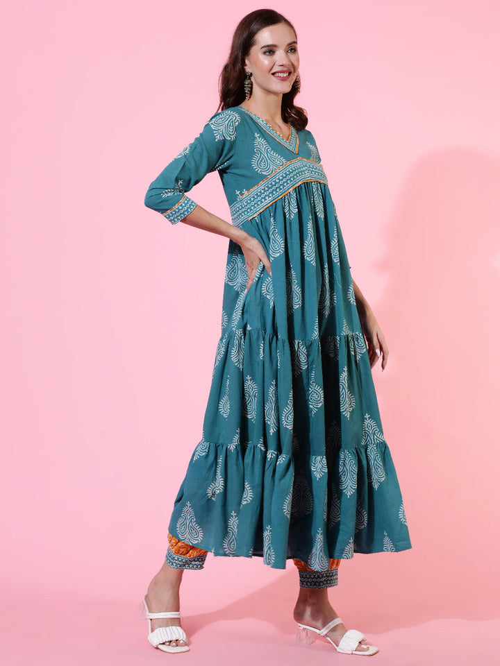 Cotton Printed Ankle Length Flared 3/4 Sleeve Round Neck Kurta, Pants With Dupatta Set