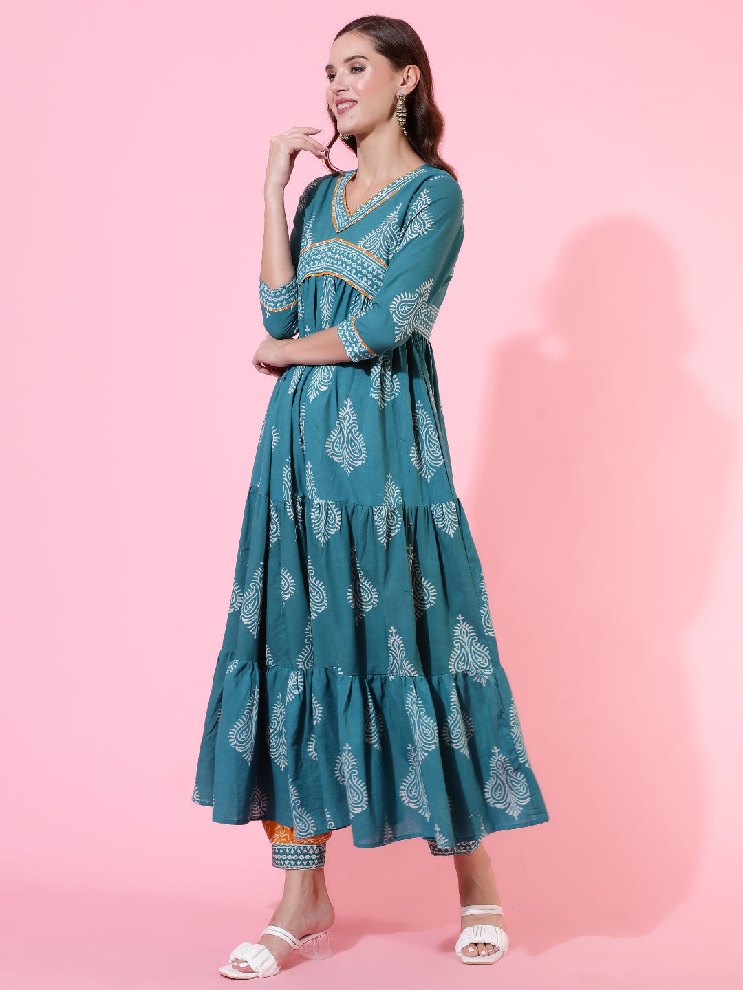 Cotton Printed Ankle Length Flared 3/4 Sleeve Round Neck Kurta, Pants With Dupatta Set
