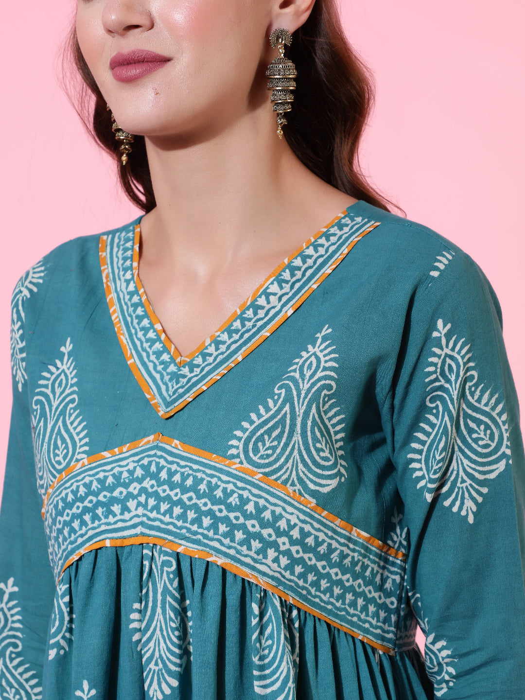 Cotton Printed Ankle Length Flared 3/4 Sleeve Round Neck Kurta, Pants With Dupatta Set