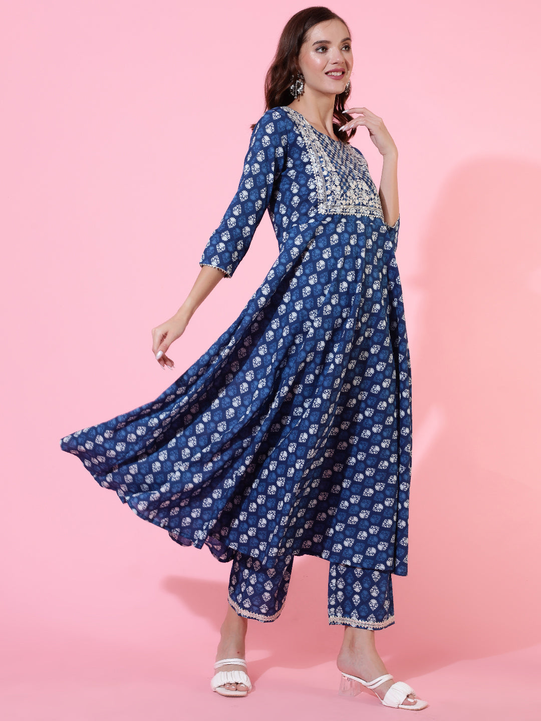 Cotton Printed Embroidered Ankle Length Flared 3/4 Sleeve Round Neck Kurta, Pants With Dupatta Set