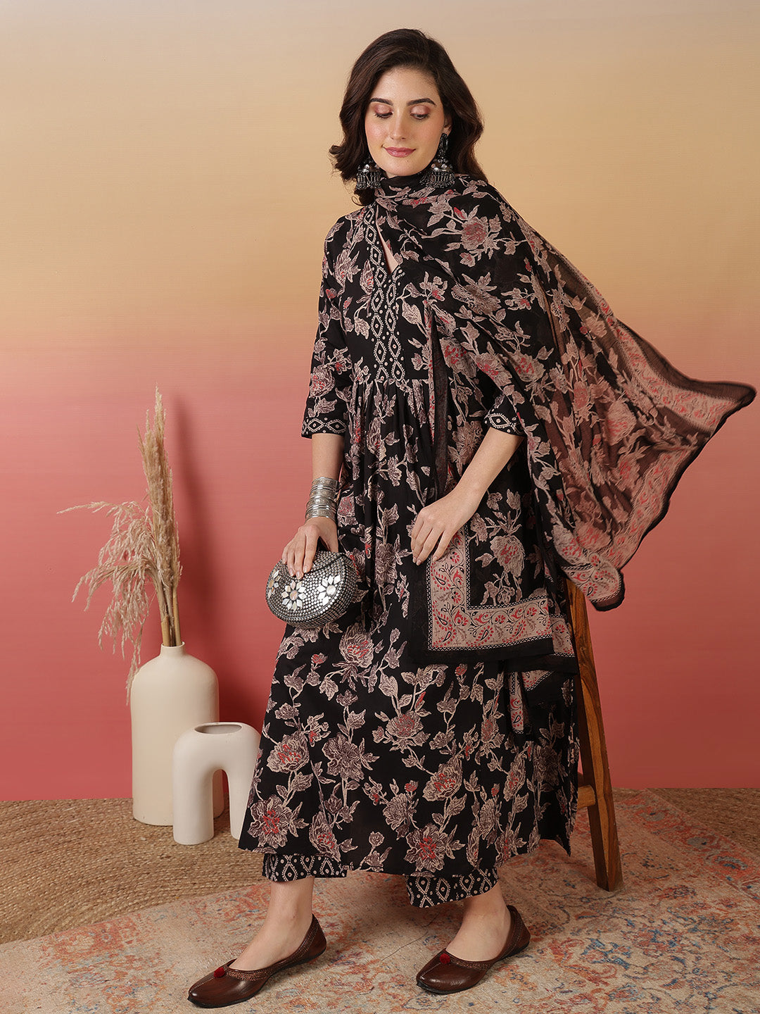 Women Cotton Printed Ankle Length V-Neck Flared Kurta, Palazzo With Dupatta Set