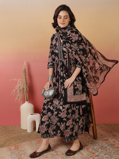 Women Cotton Printed Ankle Length V-Neck Flared Kurta, Palazzo With Dupatta Set