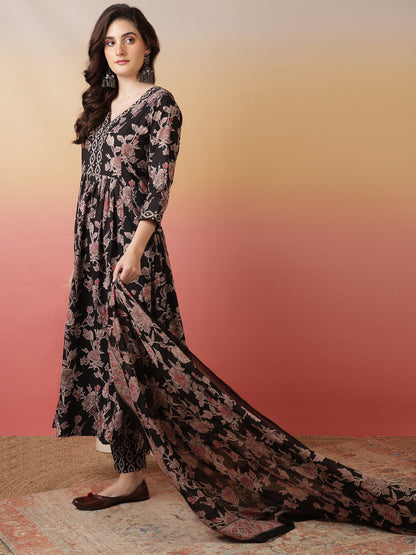 Women Cotton Printed Ankle Length V-Neck Flared Kurta, Palazzo With Dupatta Set