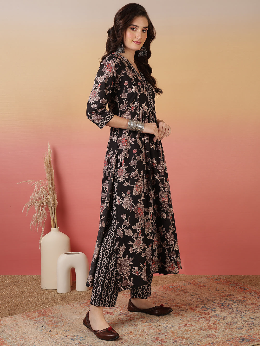 Women Cotton Printed Ankle Length V-Neck Flared Kurta, Palazzo With Dupatta Set