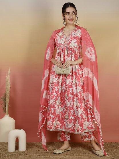 Women Embroidered Cotton Printed Ankle Length V-Neck Anarkali Kurta, Palazzo With Dupatta Set