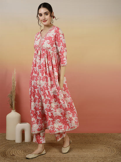 Women Embroidered Cotton Printed Ankle Length V-Neck Anarkali Kurta, Palazzo With Dupatta Set