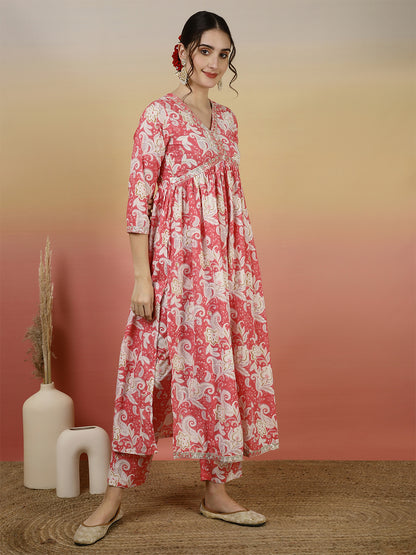 Women Embroidered Cotton Printed Ankle Length V-Neck Anarkali Kurta, Palazzo With Dupatta Set