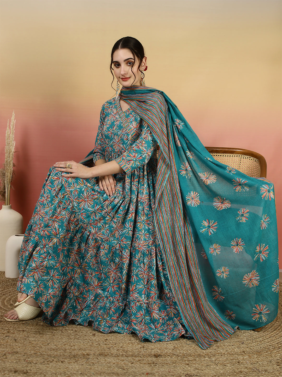Women Cotton Printed Ankle Length V-Neck Anarkali Kurta, Palazzo With Dupatta Set