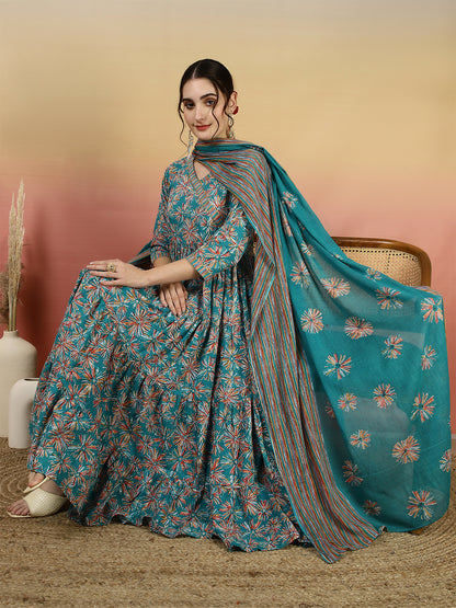 Women Cotton Printed Ankle Length V-Neck Anarkali Kurta, Palazzo With Dupatta Set
