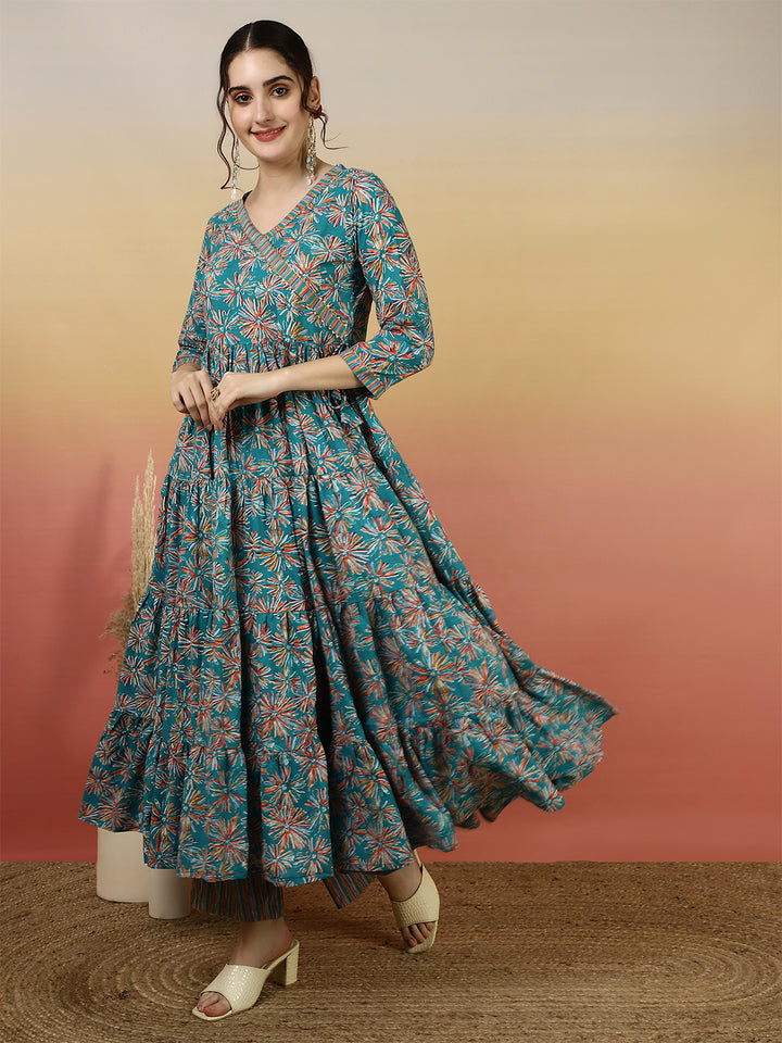 Women Cotton Printed Ankle Length V-Neck Anarkali Kurta, Palazzo With Dupatta Set