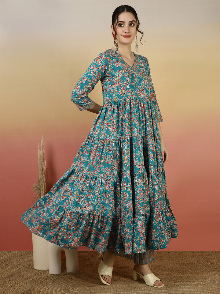 Women Cotton Printed Ankle Length V-Neck Anarkali Kurta, Palazzo With Dupatta Set