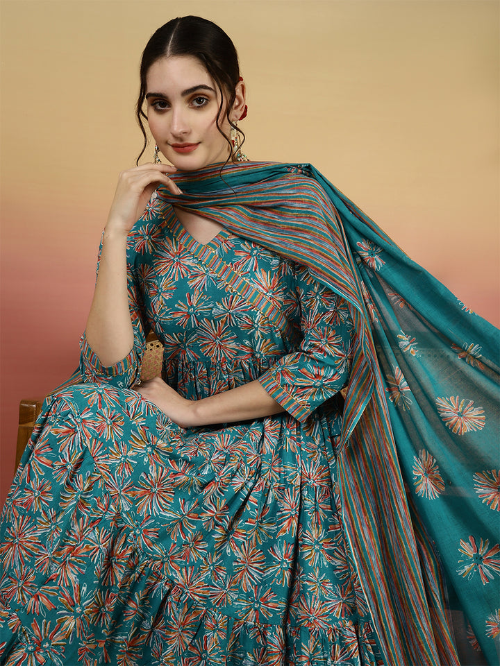 Women Cotton Printed Ankle Length V-Neck Anarkali Kurta, Palazzo With Dupatta Set