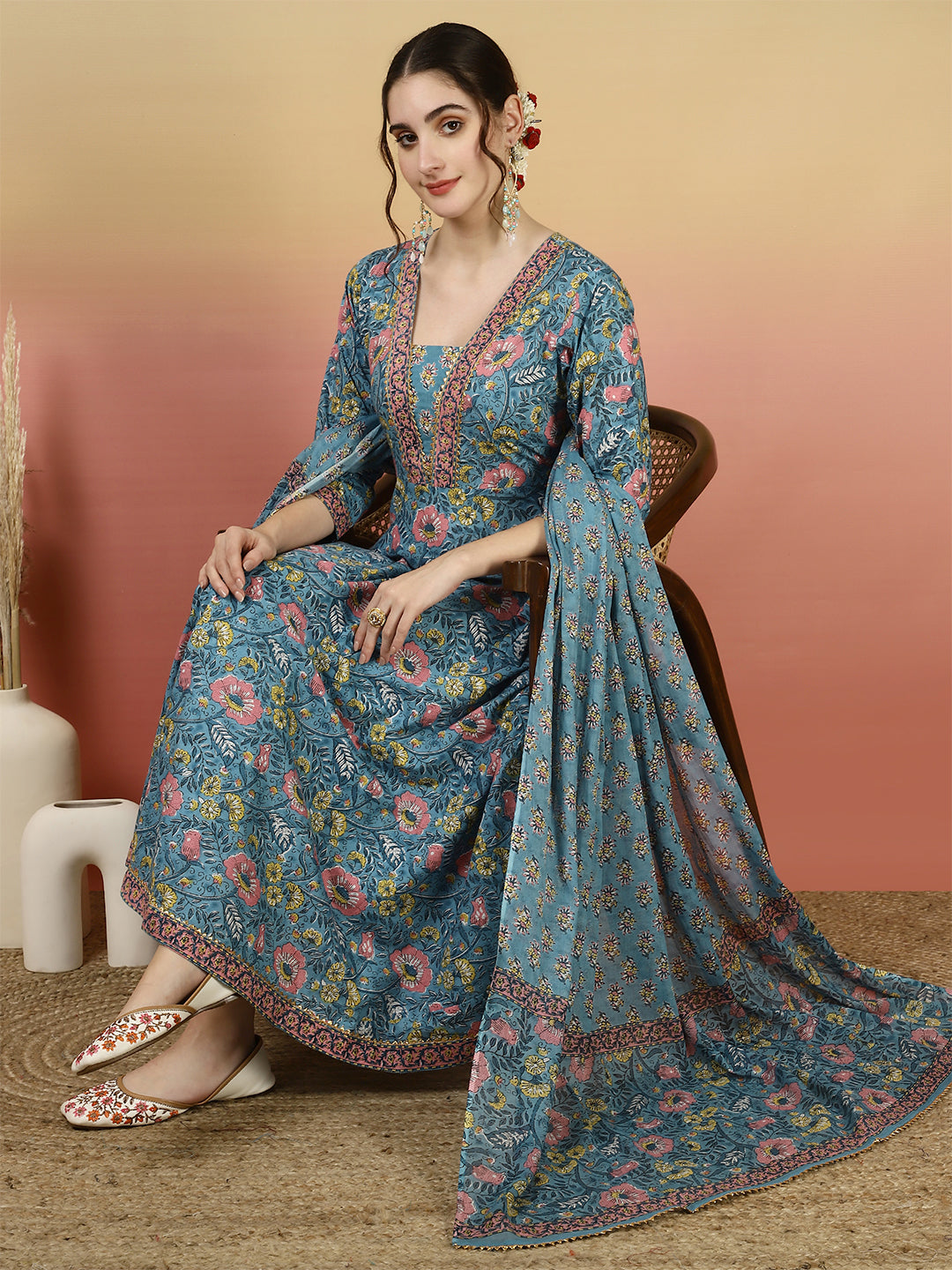 Women Cotton Printed Ankle Length V-Neck Anarkali Kurta, Palazzo With Dupatta Set