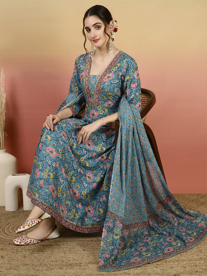 Women Cotton Printed Ankle Length V-Neck Anarkali Kurta, Palazzo With Dupatta Set