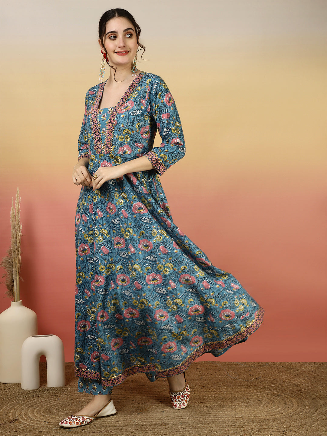 Women Cotton Printed Ankle Length V-Neck Anarkali Kurta, Palazzo With Dupatta Set