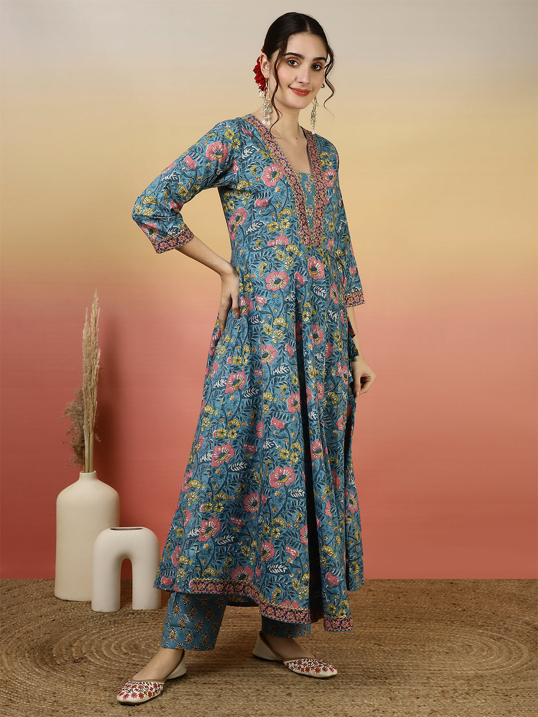 Women Cotton Printed Ankle Length V-Neck Anarkali Kurta, Palazzo With Dupatta Set