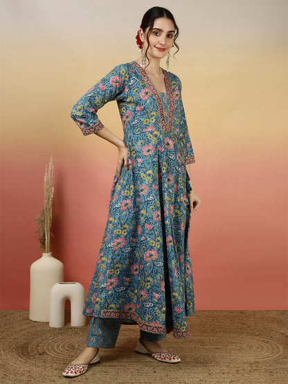 Women Cotton Printed Ankle Length V-Neck Anarkali Kurta, Palazzo With Dupatta Set