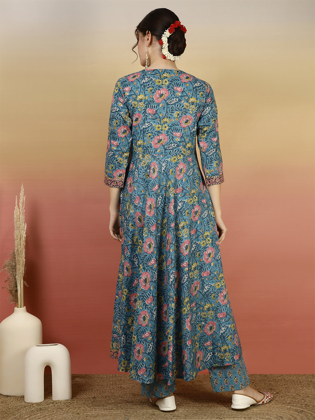 Women Cotton Printed Ankle Length V-Neck Anarkali Kurta, Palazzo With Dupatta Set