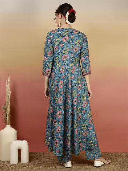 Women Cotton Printed Ankle Length V-Neck Anarkali Kurta, Palazzo With Dupatta Set