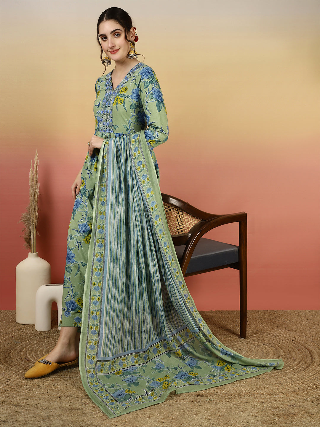 Women Embroidered Cotton Printed Ankle Length V-Neck Anarkali Kurta, Palazzo With Dupatta Set