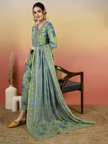 Women Embroidered Cotton Printed Ankle Length V-Neck Anarkali Kurta, Palazzo With Dupatta Set