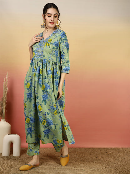 Women Embroidered Cotton Printed Ankle Length V-Neck Anarkali Kurta, Palazzo With Dupatta Set