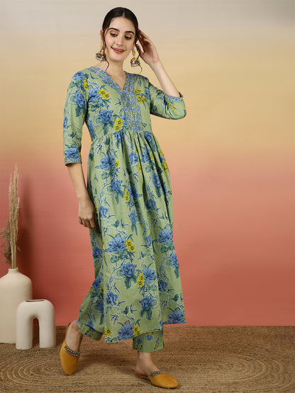 Women Embroidered Cotton Printed Ankle Length V-Neck Anarkali Kurta, Palazzo With Dupatta Set