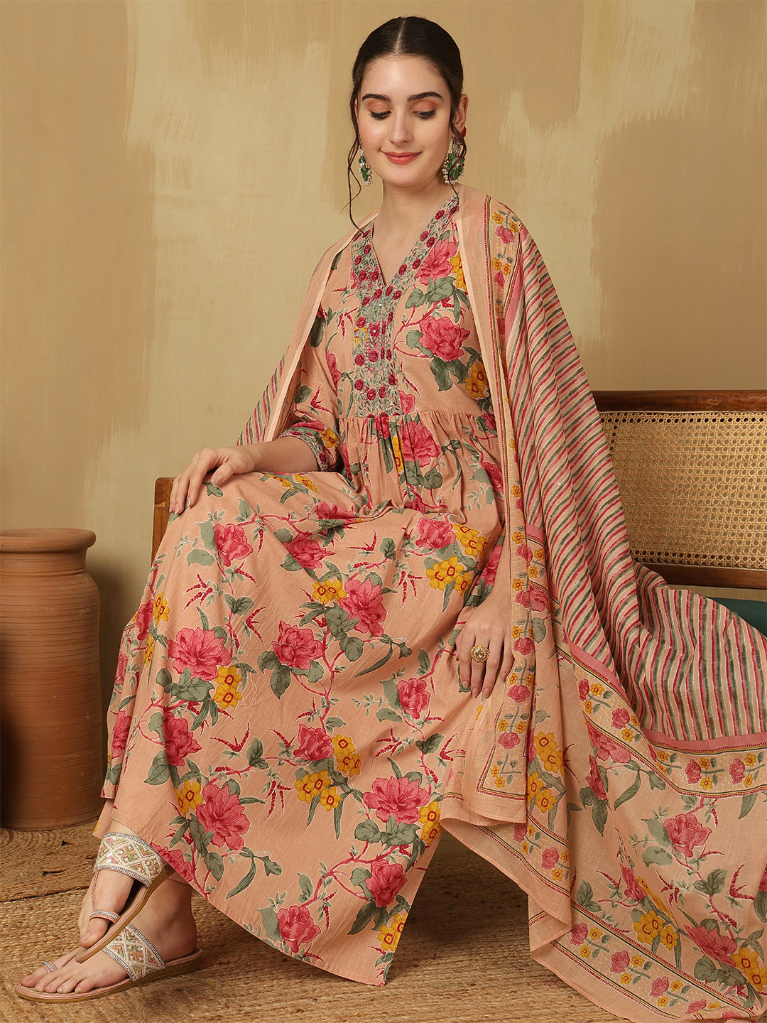 Women Embroidered Cotton Printed Ankle Length V-Neck Anarkali Kurta, Palazzo With Dupatta Set