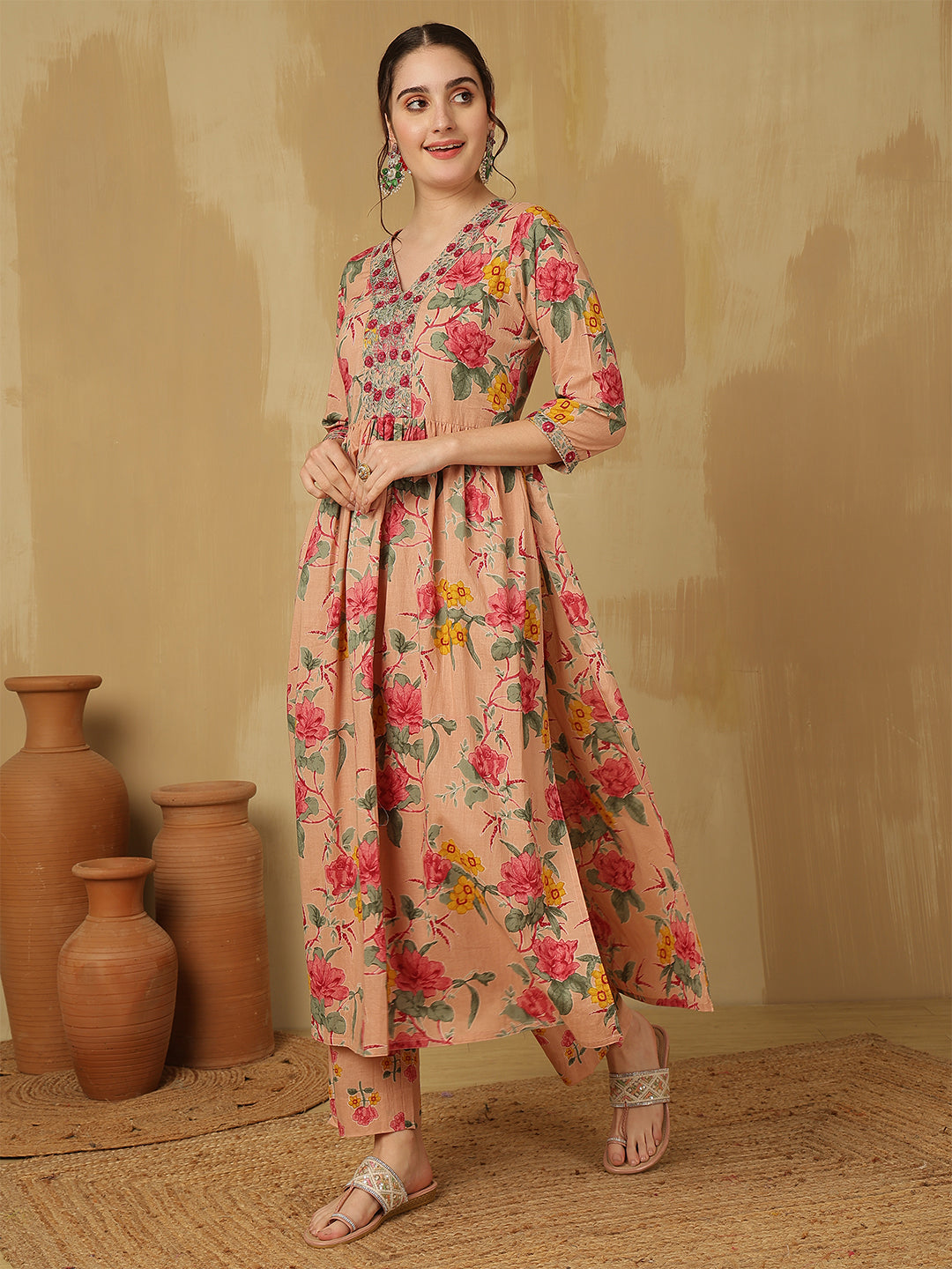 Women Embroidered Cotton Printed Ankle Length V-Neck Anarkali Kurta, Palazzo With Dupatta Set