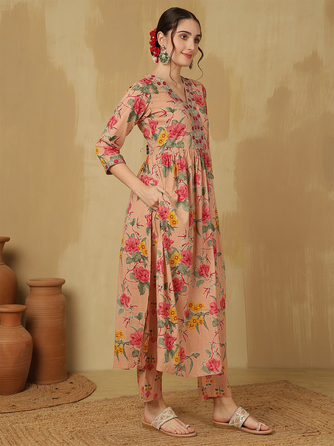 Women Embroidered Cotton Printed Ankle Length V-Neck Anarkali Kurta, Palazzo With Dupatta Set