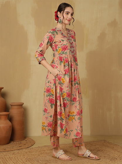 Women Embroidered Cotton Printed Ankle Length V-Neck Anarkali Kurta, Palazzo With Dupatta Set